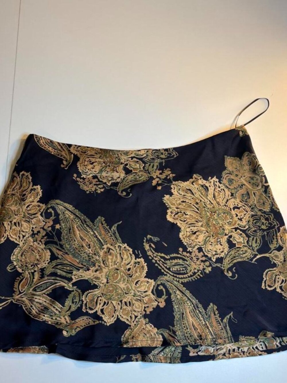 Bailey Rose navy blue mini skirt with gold floral and paisley print